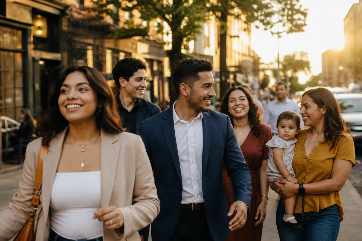 Diverse group of Hispanic Americans in an urban setting representing the largest demographic growth market in the United States