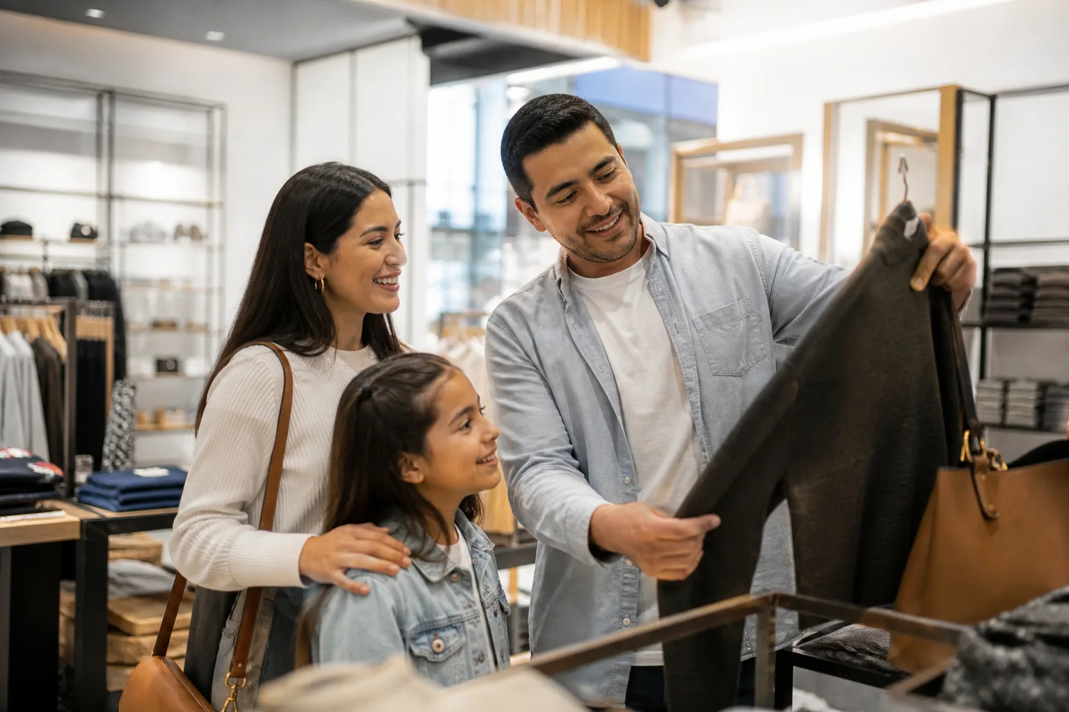 Hispanic American family making purchasing decisions at a modern retail environment, representing strong consumer spending power