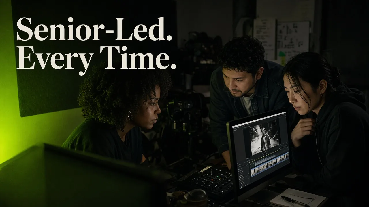 Multicultural creative team reviewing a rough cut on a production monitor in a dark, editorial-style studio with lime-green accent lighting