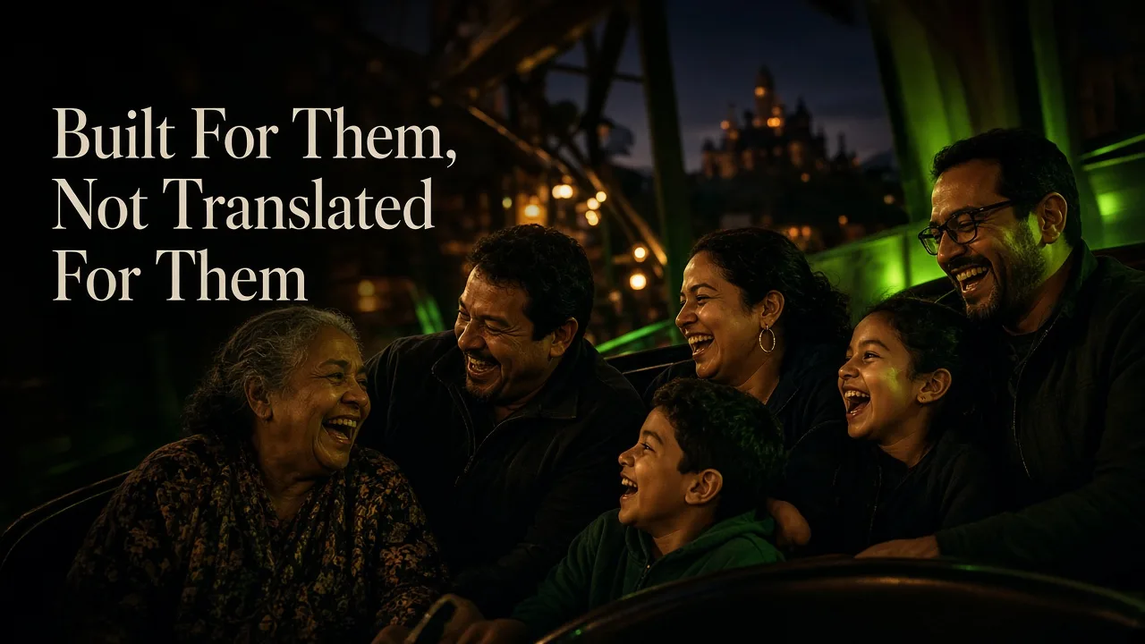 Multicultural family enjoying a theme park ride together at dusk, captured in a candid, editorial documentary style