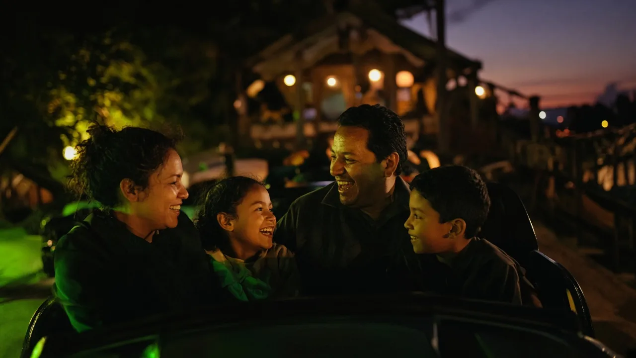 Dark, high-contrast editorial photograph of a multicultural family enjoying a theme park attraction at dusk