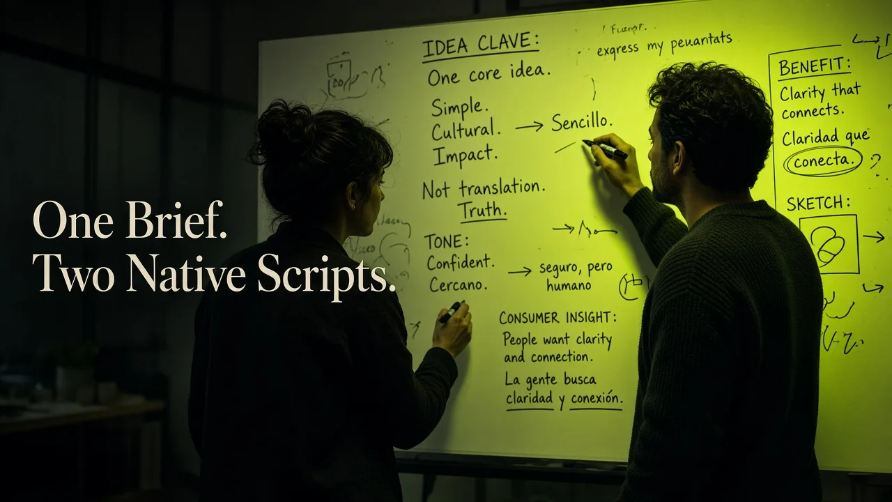 Bilingual creative team writing English and Spanish script notes on a whiteboard together in a dark editorial studio