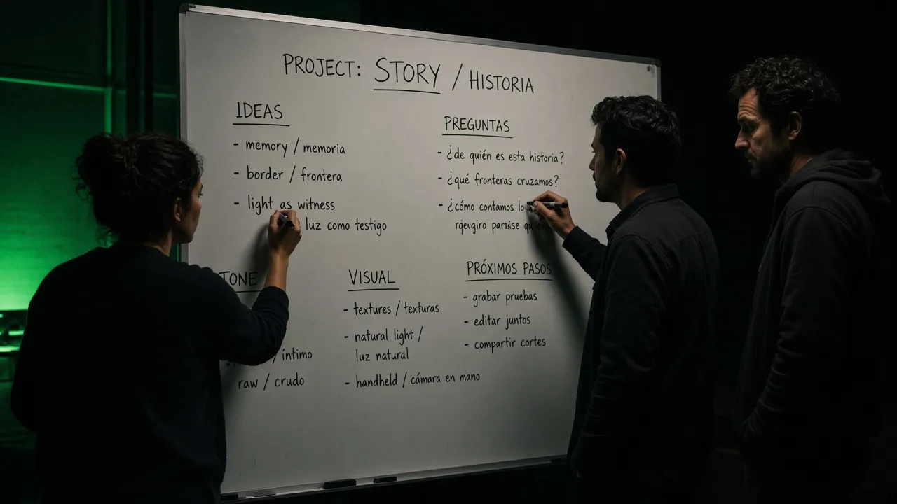 Dark, high-contrast documentary photograph of a bilingual creative team writing on a whiteboard in two languages simultaneously