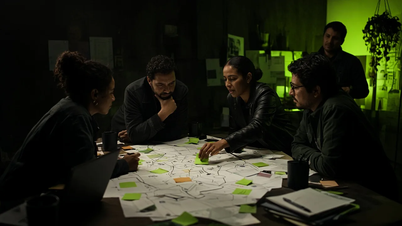 Dark, high-contrast editorial documentary photograph of a multicultural creative team in strategy discussion