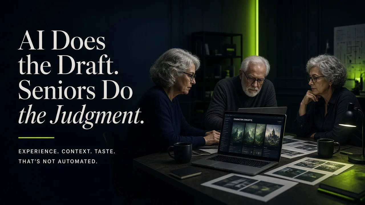 Senior creative team working alongside AI-generated content drafts on laptop screens in a dark, editorial-style studio