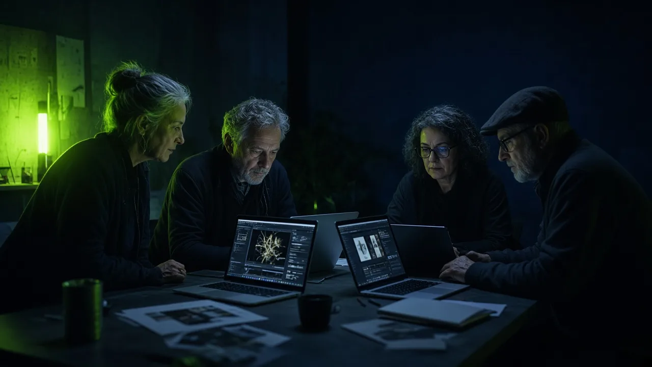 Dark navy and lime-green accented editorial photograph of a small senior creative team working alongside AI-generated content on screens