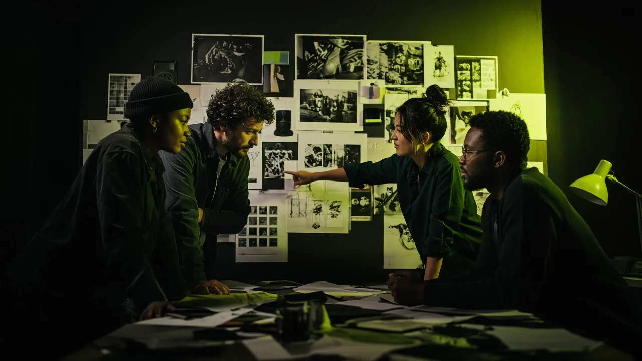 Diverse creative team reviewing campaign boards together in a dark, moody agency studio with lime-green accent lighting.