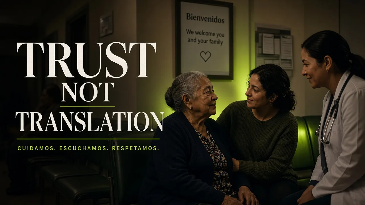 Multigenerational Hispanic family sharing a candid moment with a healthcare provider.