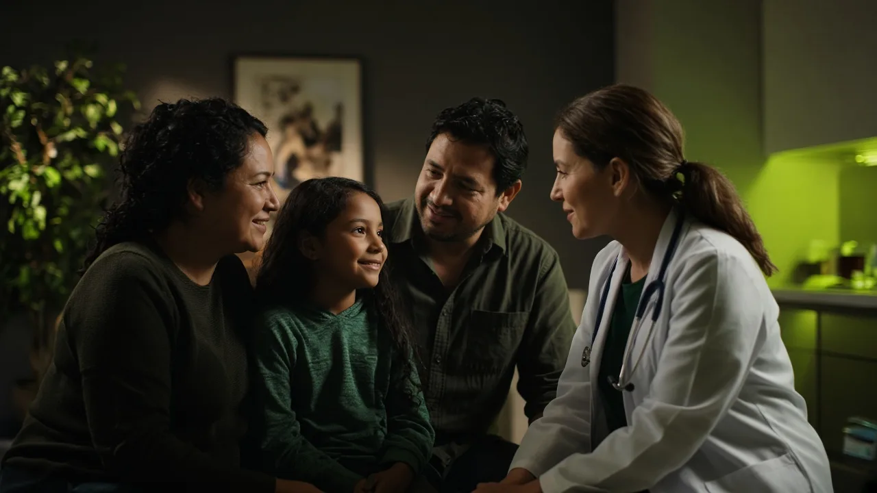 A warm, candid moment between a Hispanic family and a healthcare provider in a softly lit clinic setting with lime-green accent tones.