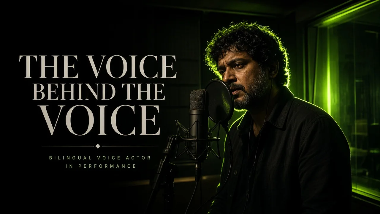 Bilingual voice actor captured mid-performance in a dimly lit recording booth.