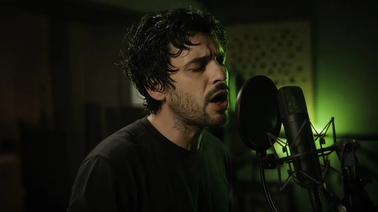 A voice actor in a dim recording booth mid-performance, captured candidly with lime-green accent lighting.