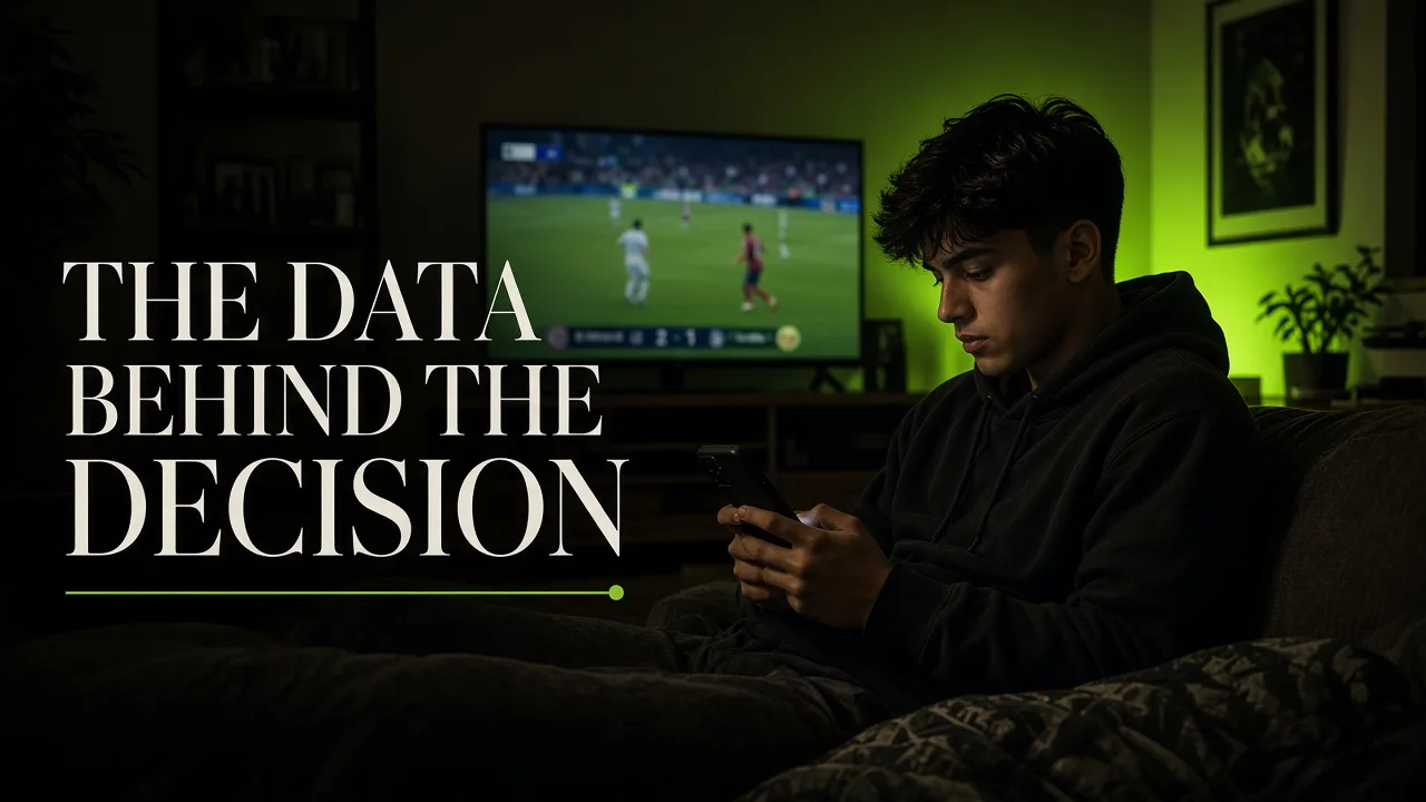 Young Hispanic consumer engaging with media on a phone in a candid home setting.