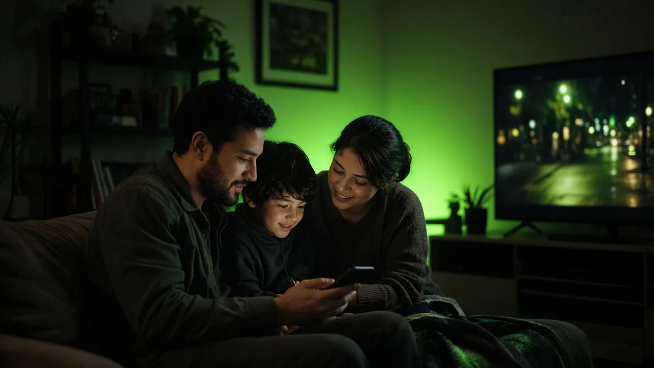 A young Hispanic family engaging with content on a phone and TV screen together at home, candid moment with lime-green accent lighting.