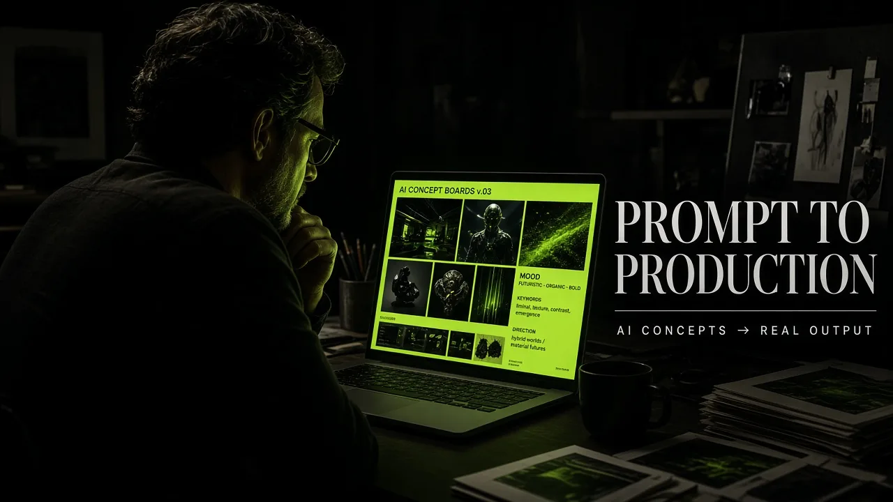 Creative director reviewing AI-generated concept boards on a laptop in a dark studio.
