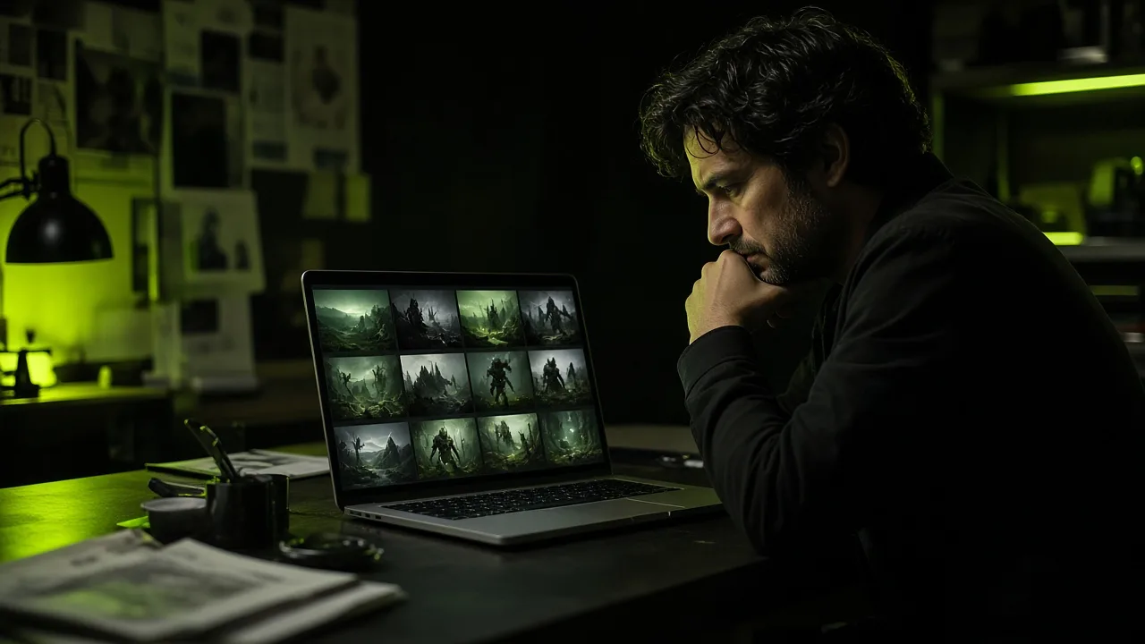 A creative director reviewing AI-generated concept boards on a laptop in a dark studio with lime-green accent lighting.