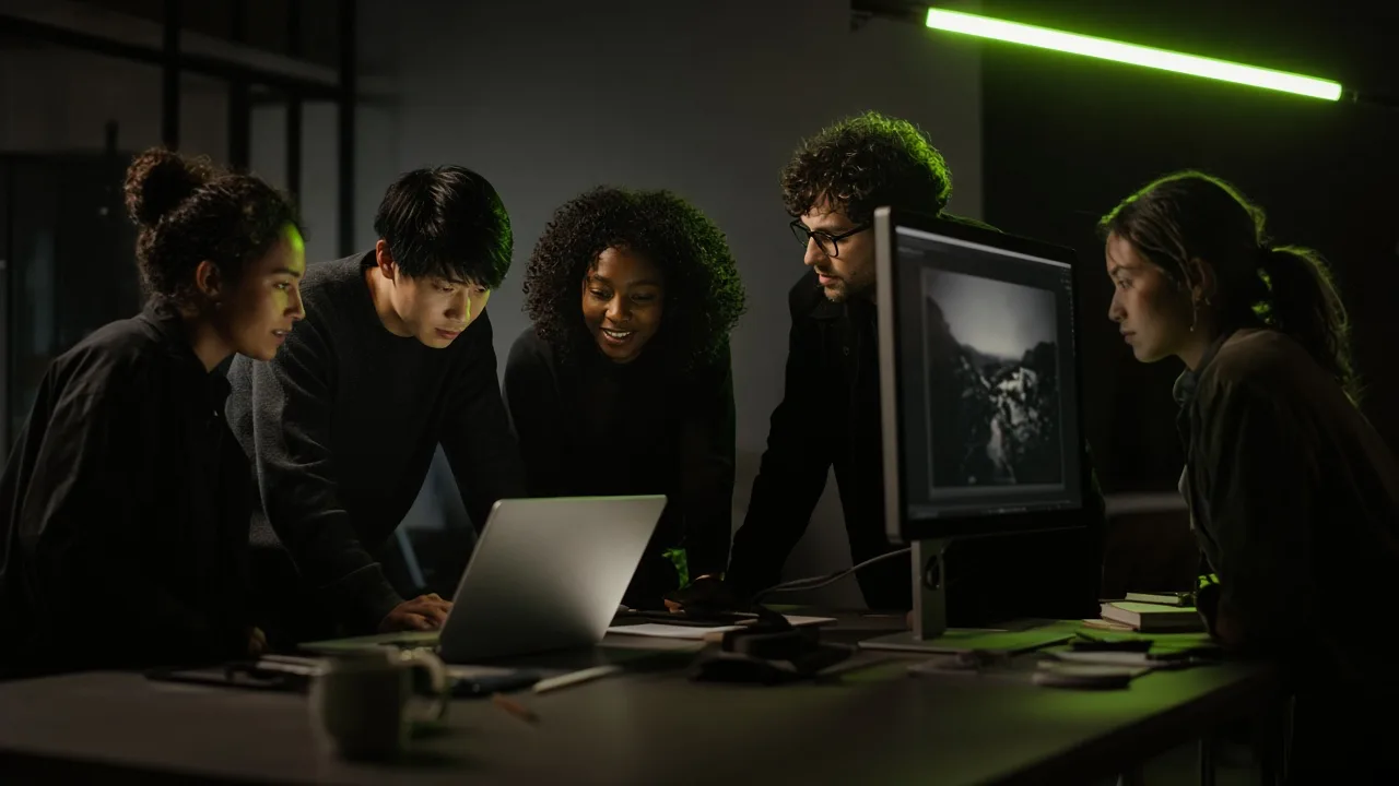 Small multicultural creative team collaborating around a monitor in a dark, moody studio lit with a lime-green accent light