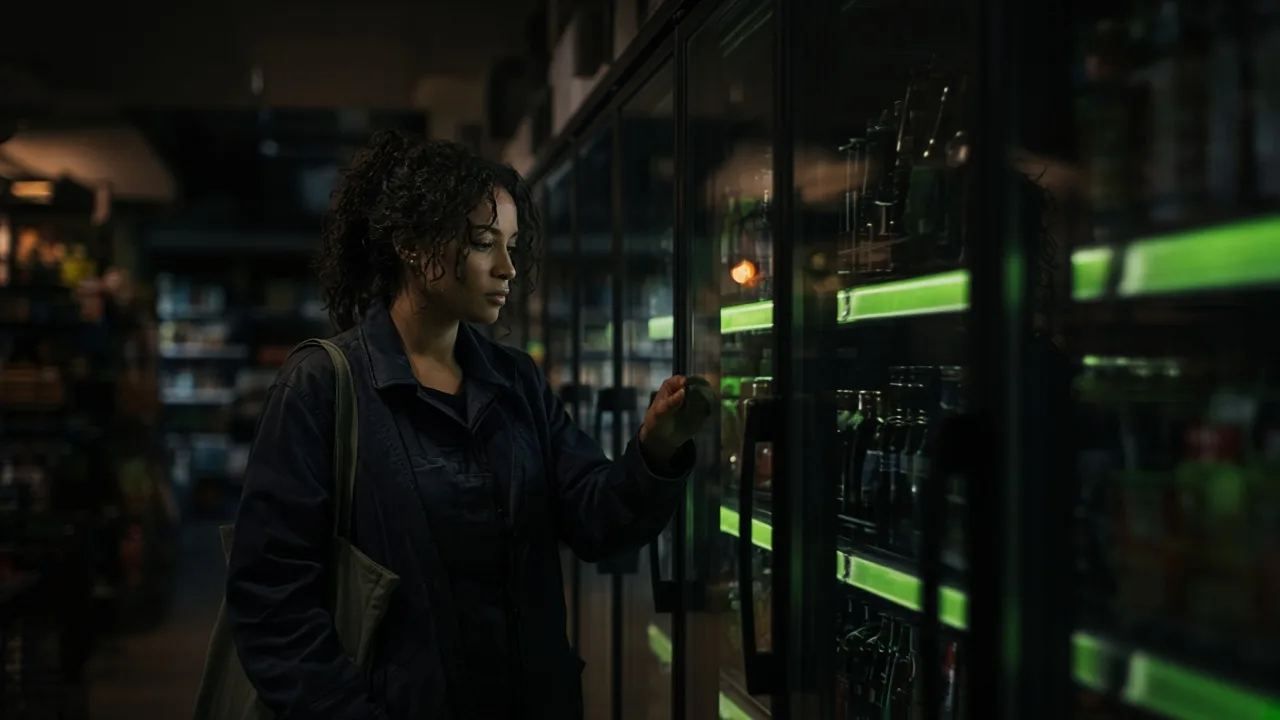 Comprador multicultural explorando un refrigerador de bebidas en un pasillo de supermercado con iluminación de acento verde lima