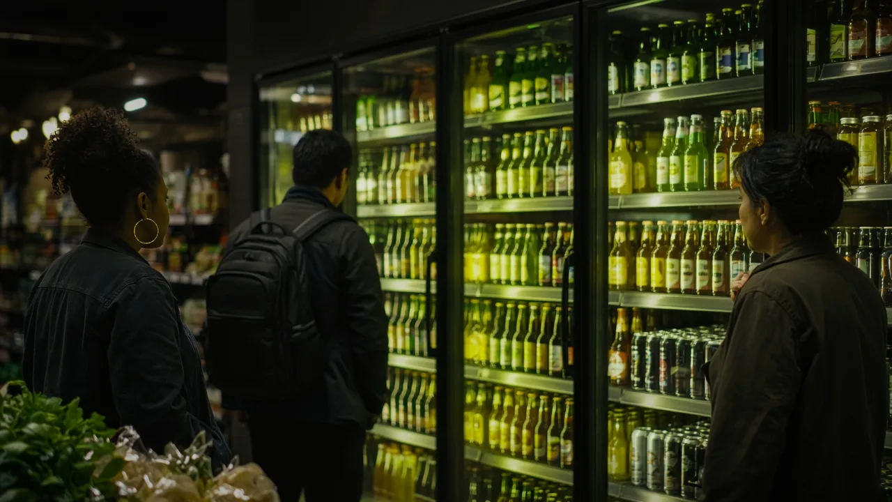 Refrigerador de bebidas en un supermercado con compradores diversos explorando la selección multicultural de productos