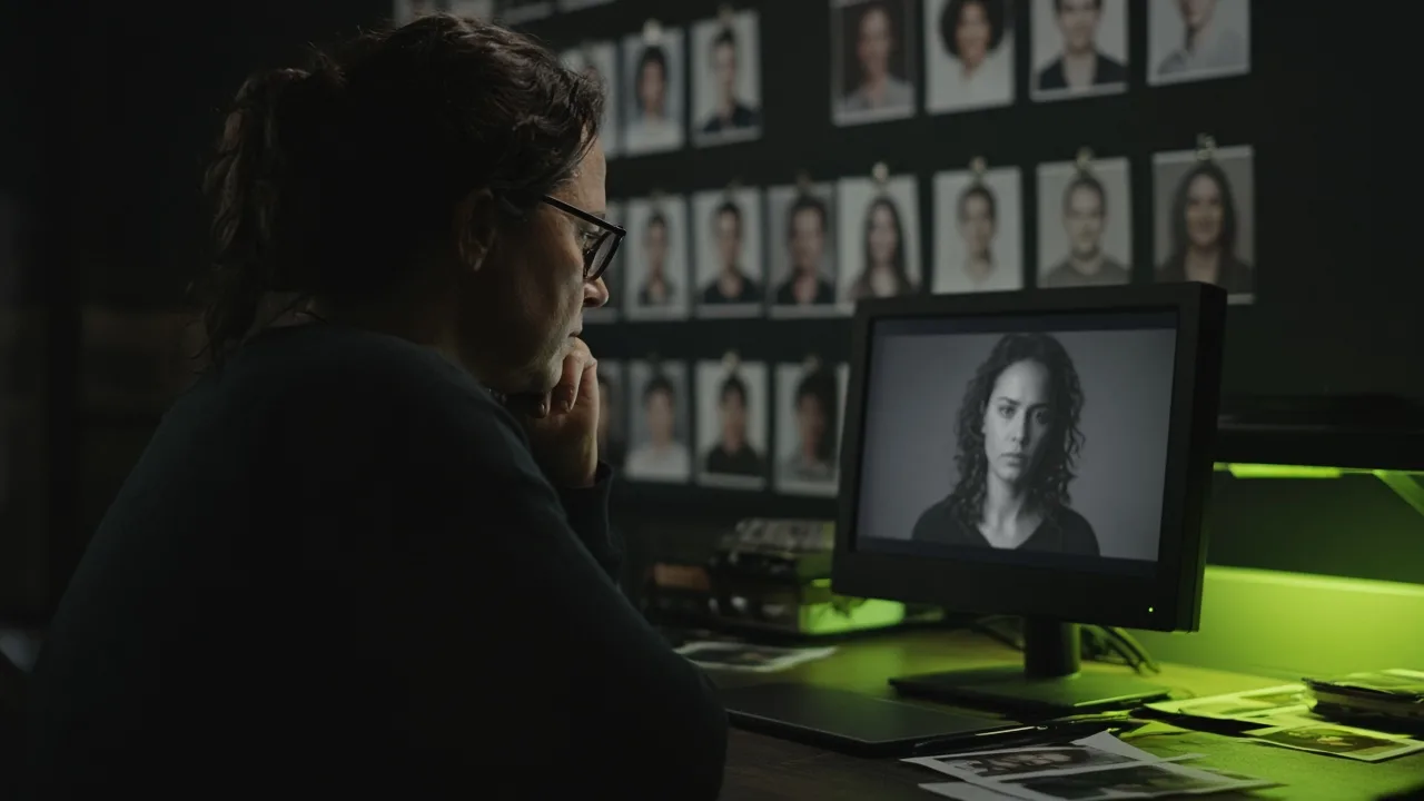 Casting director reviewing multicultural talent audition tapes on a studio monitor with lime-green accent lighting