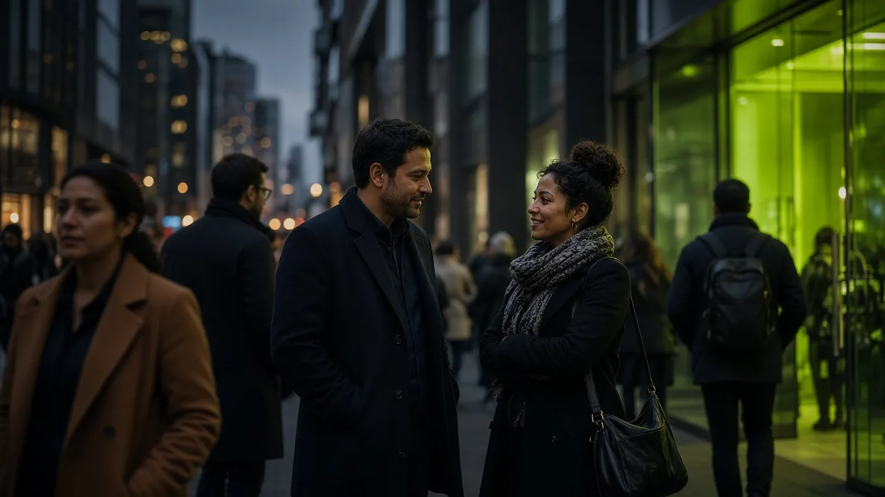 Diverse group of Hispanic shoppers and professionals in a modern retail district at dusk with lime-green accent lighting