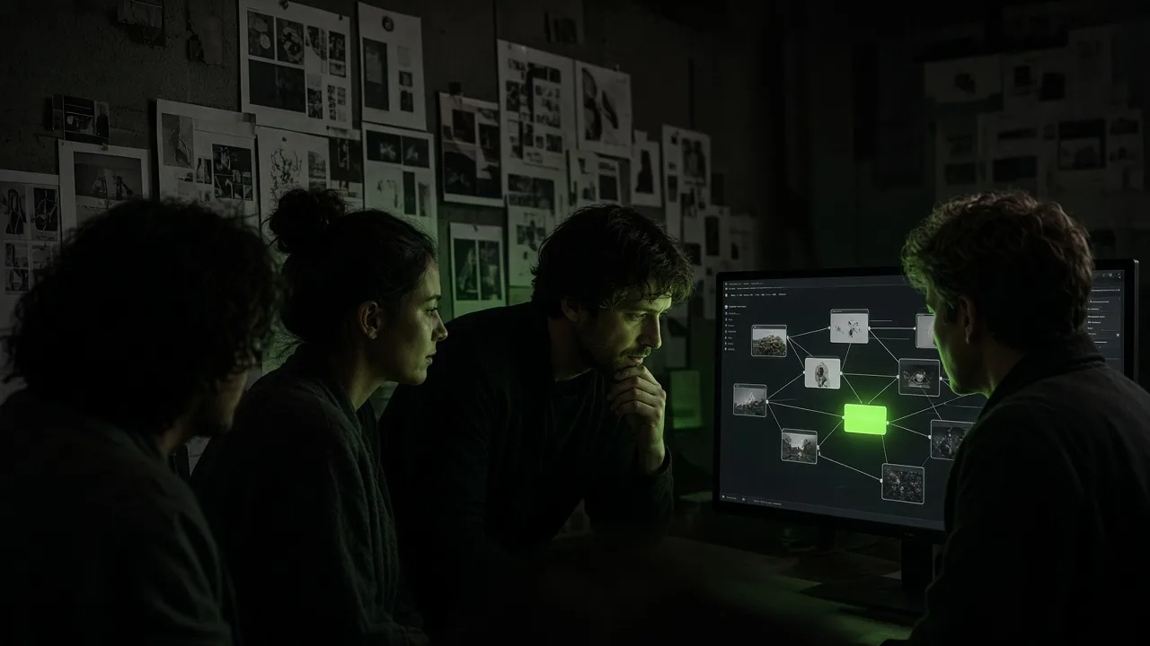 Creative team reviewing an AI workflow dashboard alongside campaign concepts with lime-green accent lighting