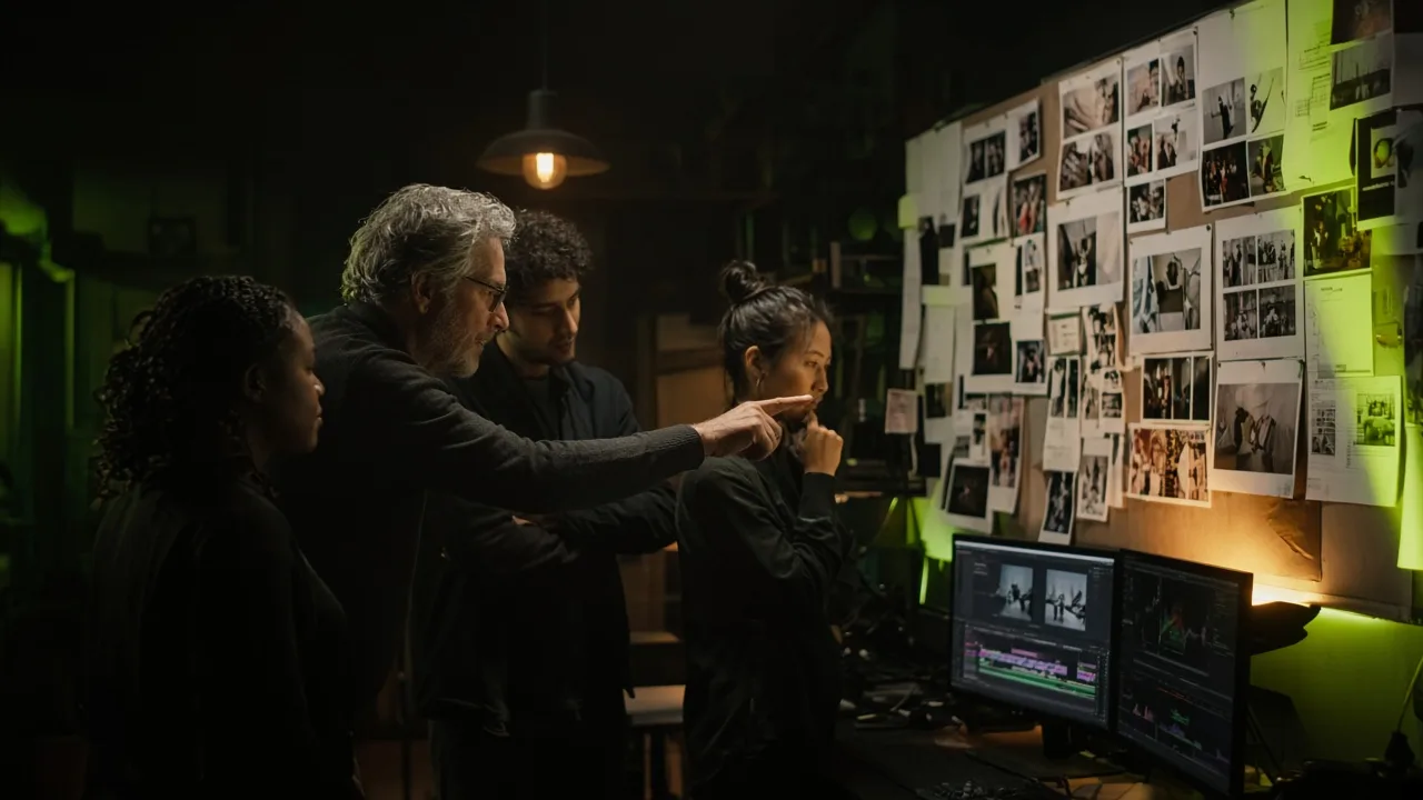 Senior creative director leading a diverse team through storyboard review in a dark, film-lit studio