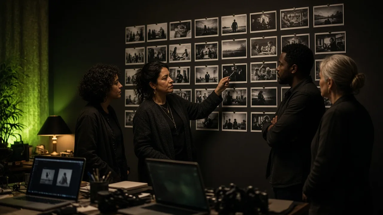 Creative director reviewing AI-generated storyboards alongside a production team in a dark, moody studio setting