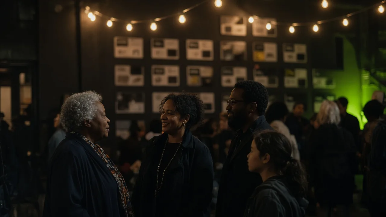 Multicultural donors and community members in candid conversation at a nonprofit outreach event