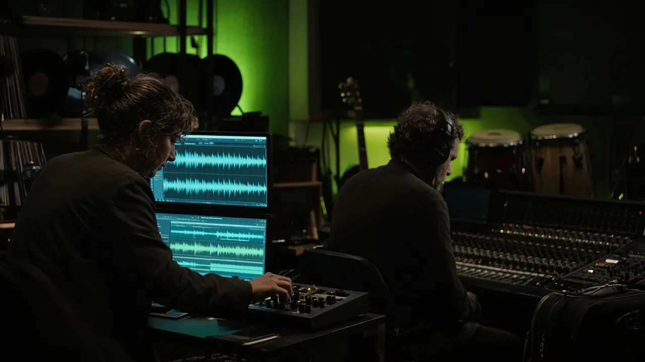 Supervisor musical e ingeniero de sonido revisando una pista en un estudio con poca luz durante la producción de una campaña multicultural