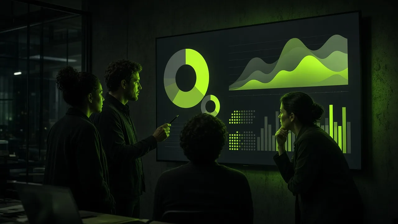 Media planning team analyzing multicultural budget allocation data on a wall-mounted screen