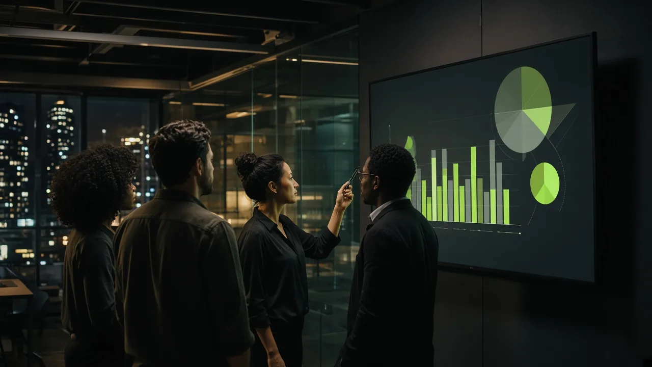 Media planning team reviewing budget allocation charts on a wall-mounted screen in a dark, modern agency office