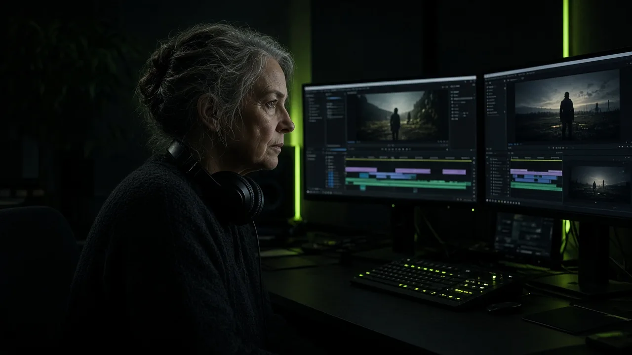 Senior editor reviewing AI-assisted rough cuts in a dark editing suite