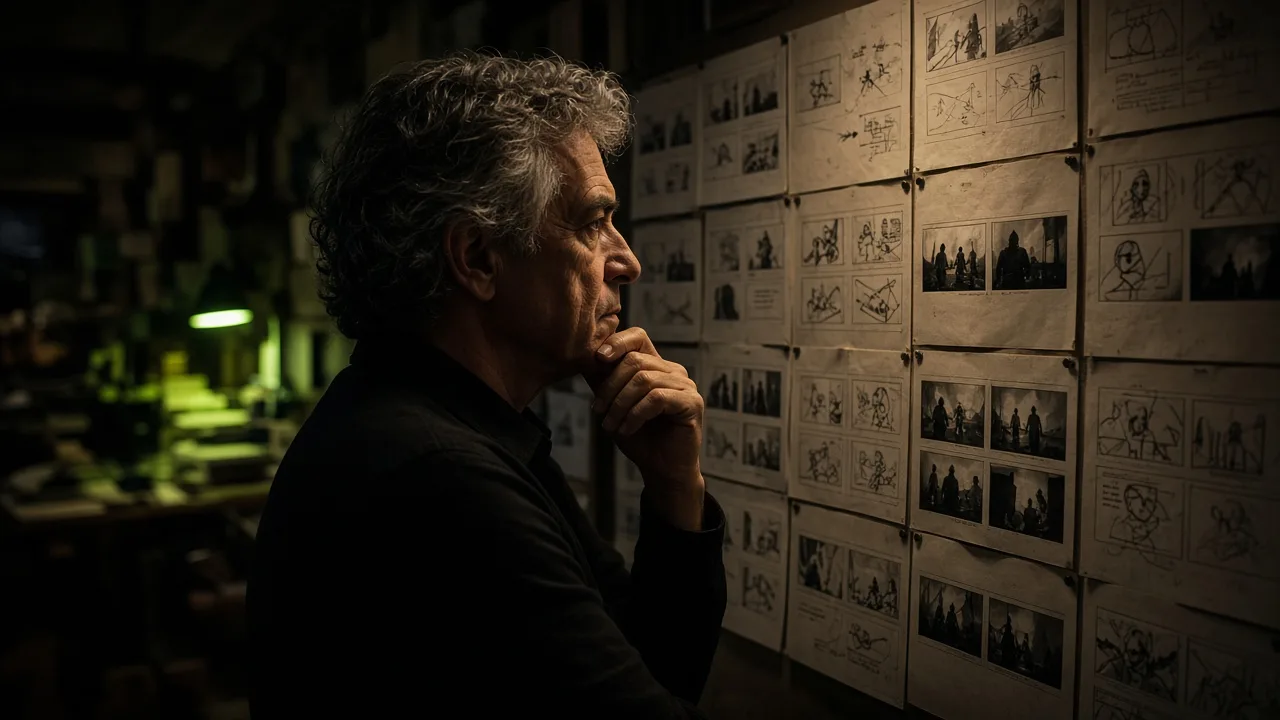 Senior creative director reviewing campaign storyboards in a moody, dimly lit studio