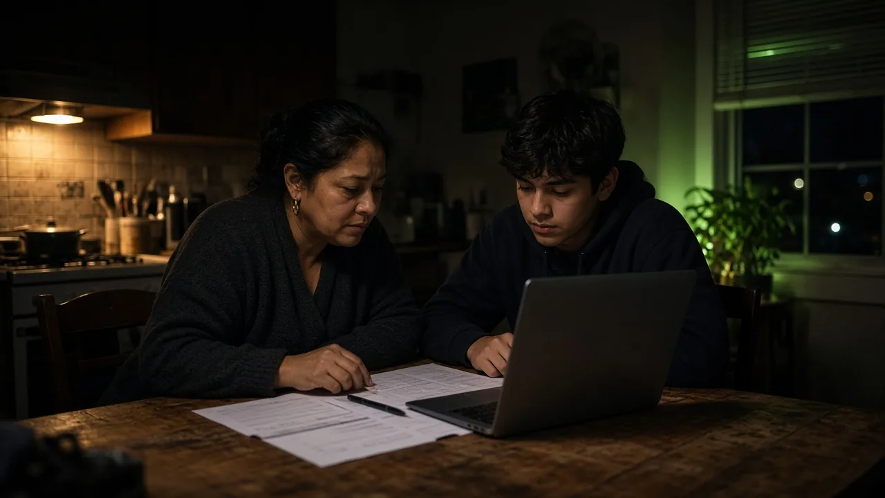 Hispanic family reviewing school enrollment materials together at a kitchen table