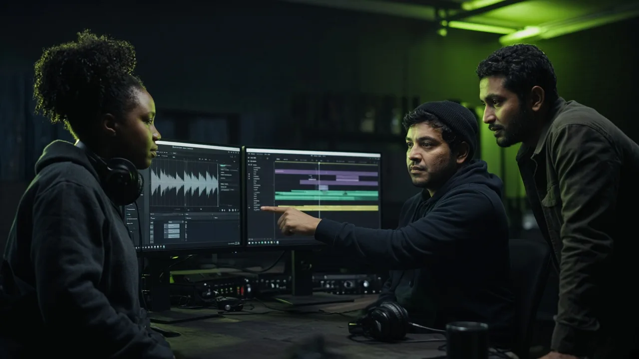 A multicultural production team reviews subtitle timing and audio waveforms together in a dim localization editing suite lit with lime-green monitor glow.