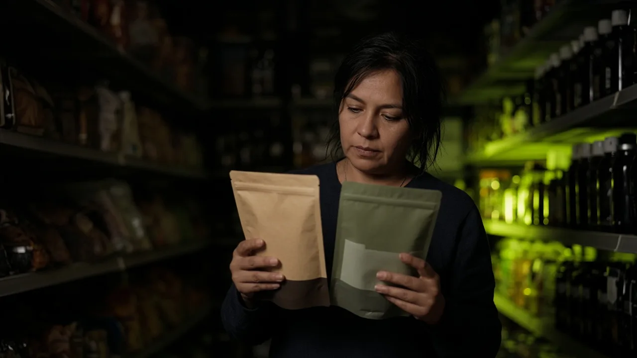 Hispanic woman comparing two brands in a grocery store aisle, candid documentary photo with lime-green accent lighting