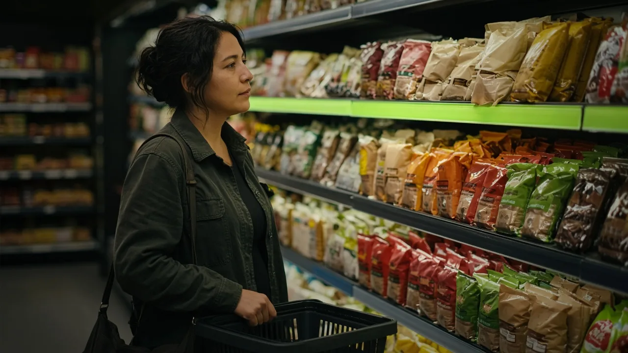 Hispanic woman comparing two brands in a grocery store aisle, candid documentary photo with lime-green accent lighting