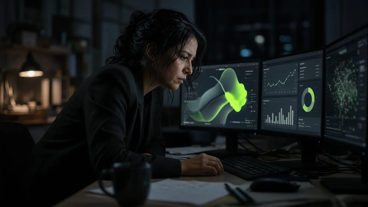 A strategist at night reviewing AI assistant conversations and data dashboards across multiple monitors, lime-green screen glow in a dark office