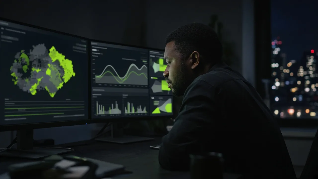 A marketing strategist reviewing AI-era measurement dashboards on multiple screens at night, dark moody editorial photography with lime-green accent lighting