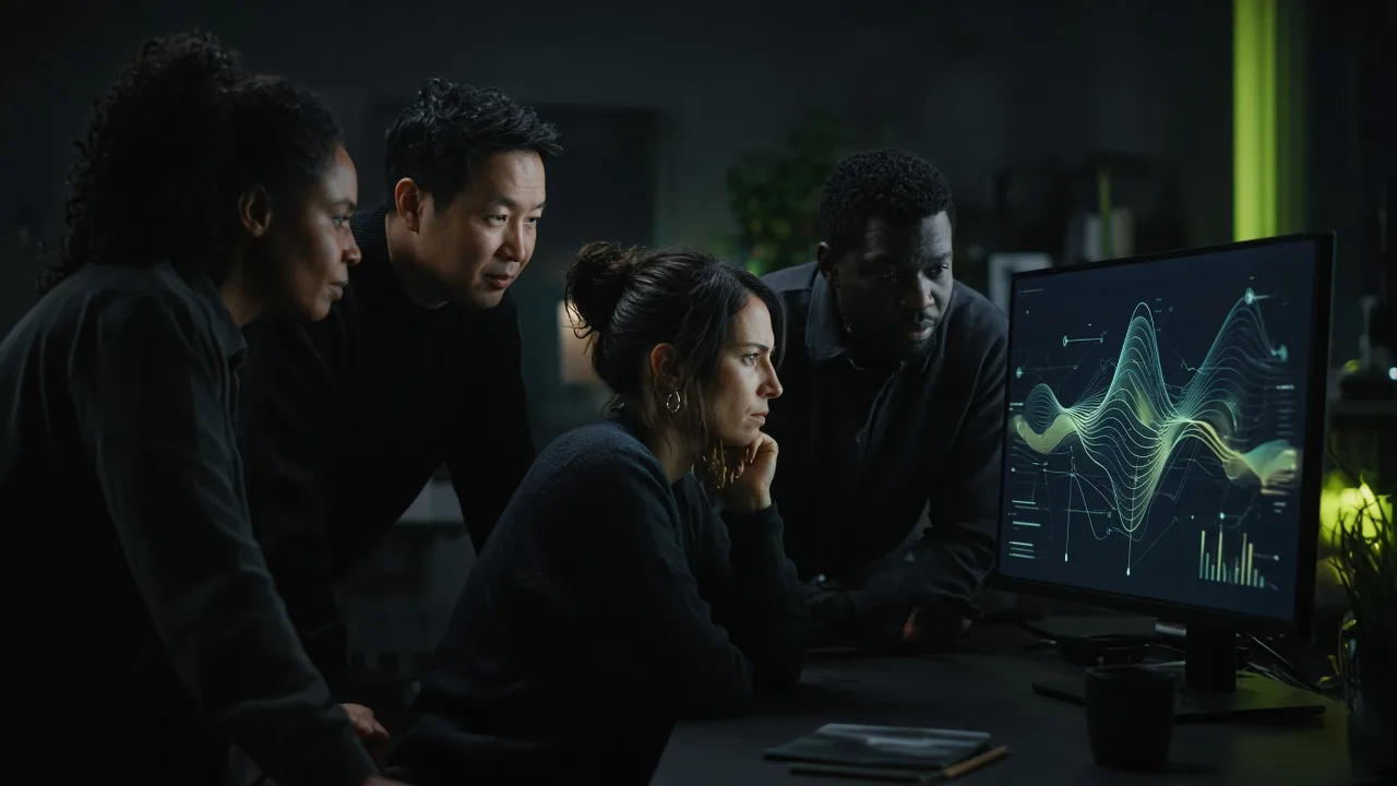 Multicultural agency team reviewing an AI workflow dashboard in a dark studio with lime-green accent lighting