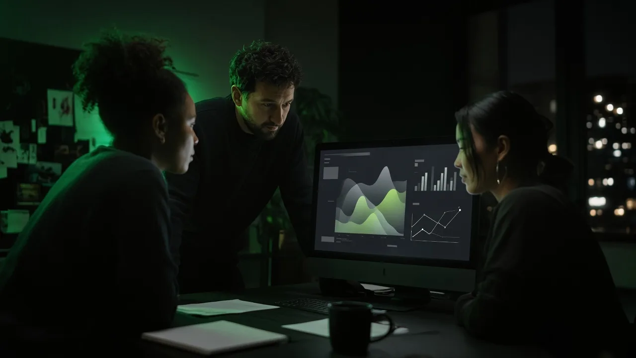 A multicultural creative team gathered around a lit monitor reviewing campaign data in a dark studio