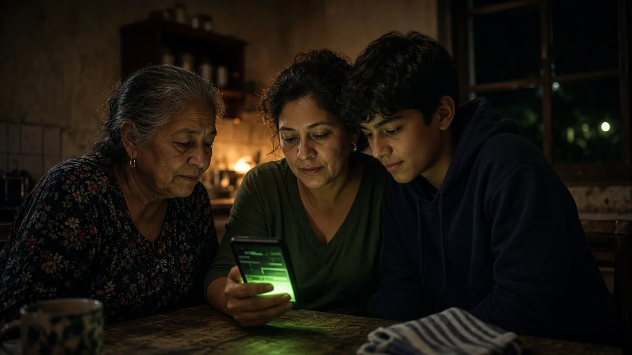 Multigenerational Latino family reviewing a banking app together at home with lime-green accent lighting