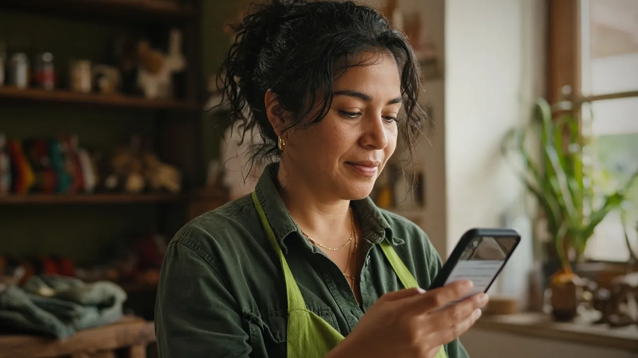 Close-up candid portrait of a Latina small business owner checking her phone banking app in natural light