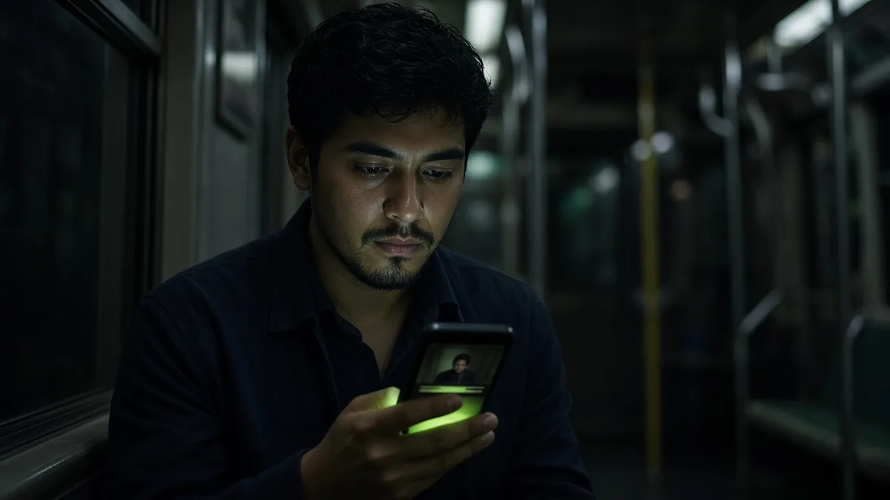 Commuter watching a captioned video on a phone on a subway at night with lime-green accent lighting