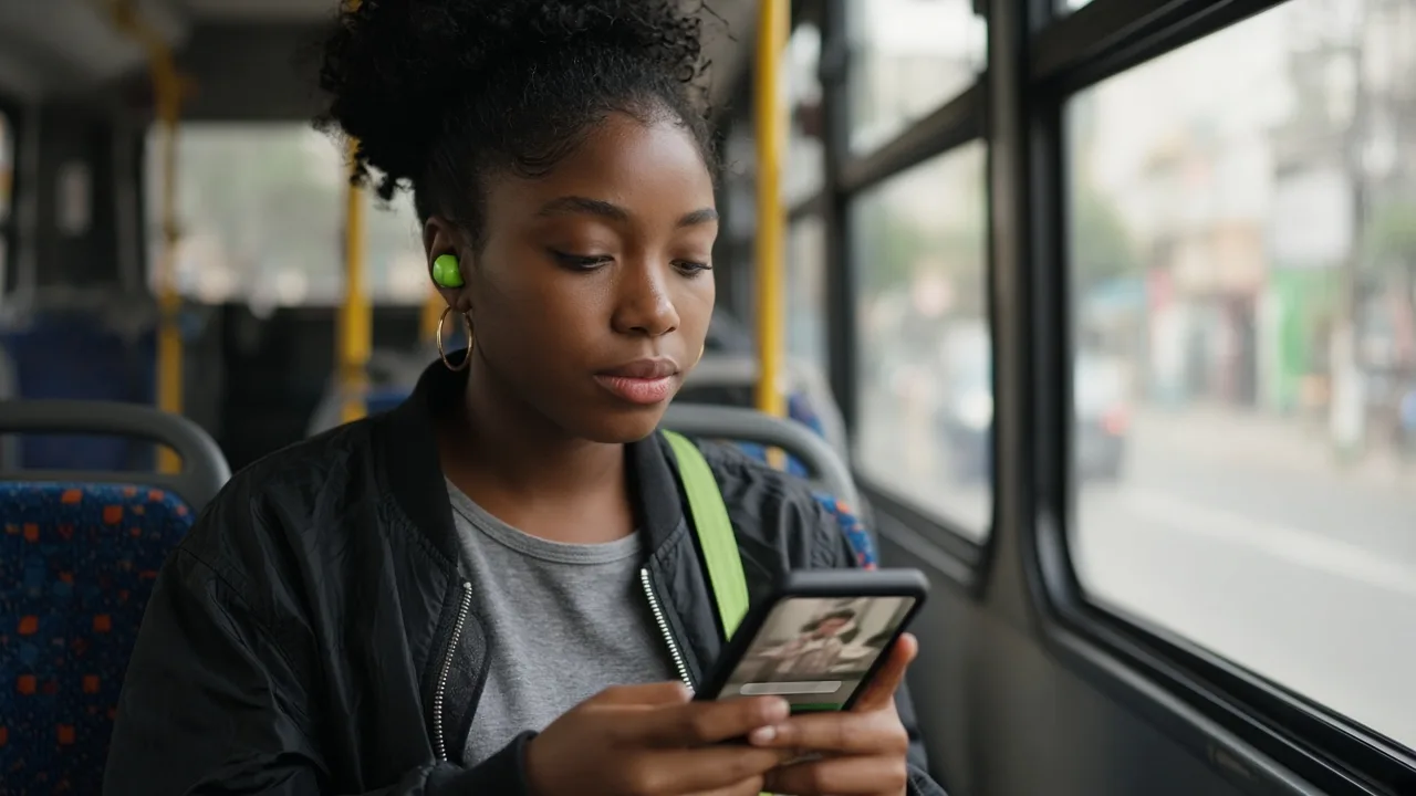 Candid shot of a person watching a video on their phone on public transit with captions visible on screen