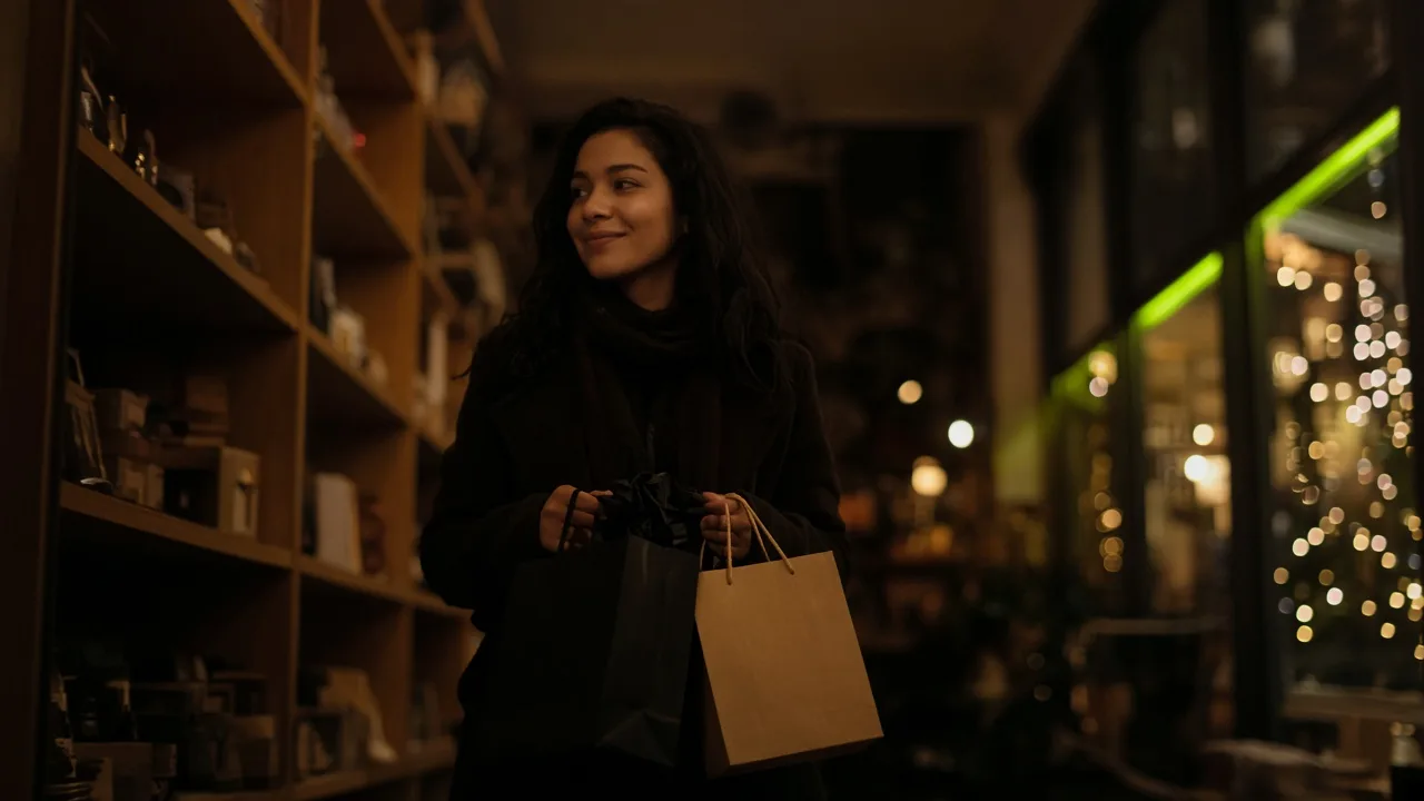Latina shopper carrying holiday gift bags through a store aisle at dusk with lime-green accent lighting