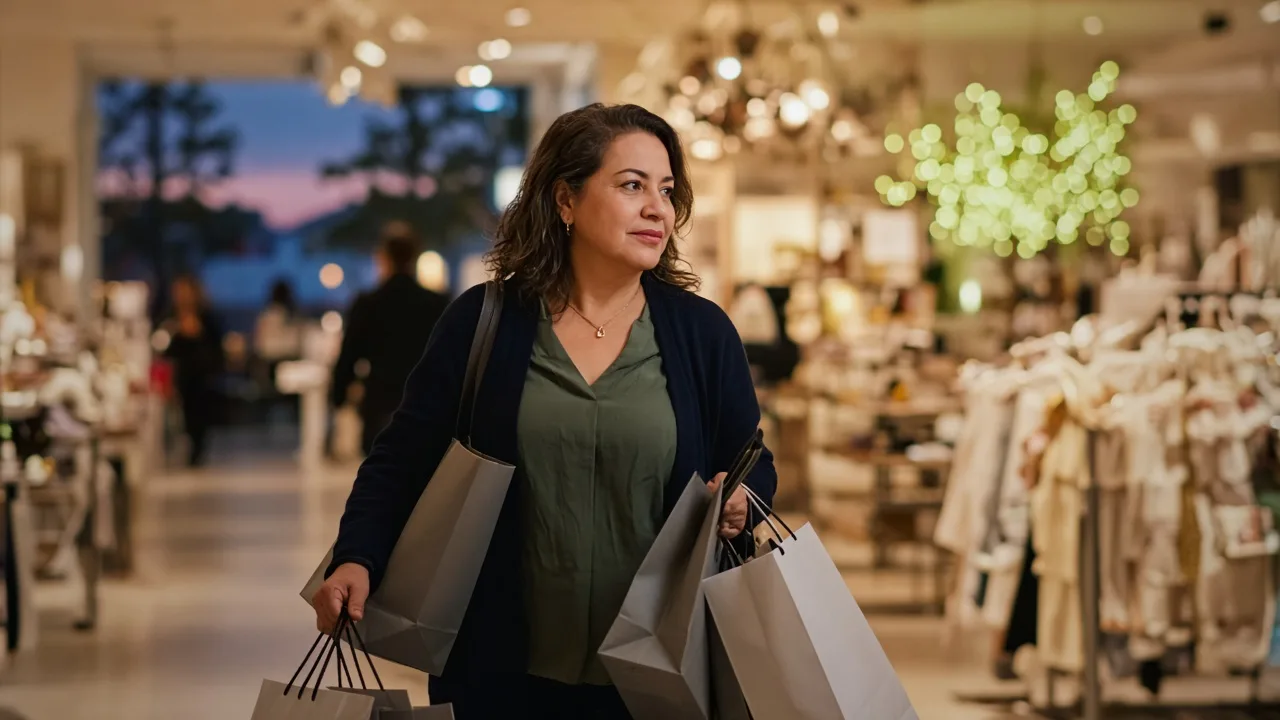 Candid photo of a Latina shopper carrying gift bags through a brightly lit store aisle at dusk