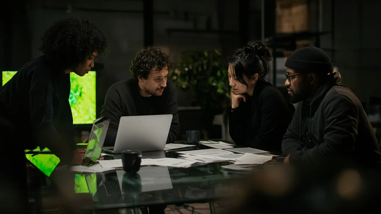Multicultural creative team reviewing campaign strategy at night, lit by laptop screens with a lime-green accent glow