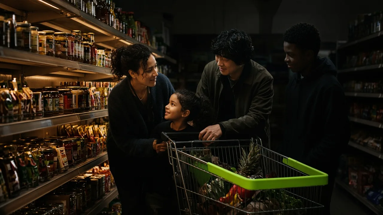 Multicultural family browsing the international and Hispanic foods aisle in a grocery store