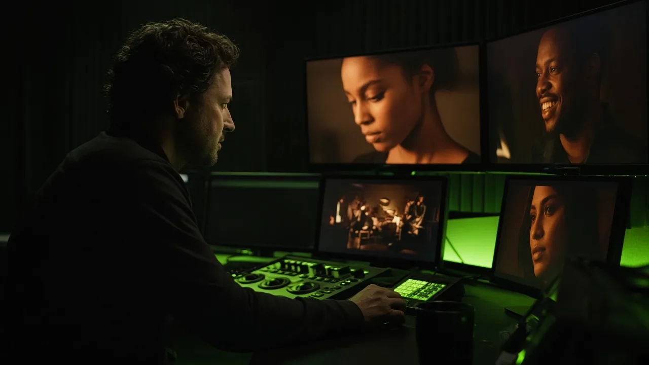 Colorist reviewing warm-toned footage of diverse faces on multiple monitors in a grading suite